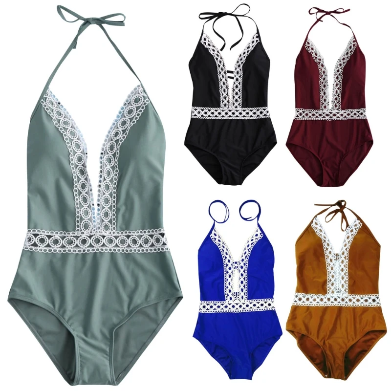 

Women Lace Hollow Halter Backless Deep V Push Up Triangle One-piece Swimsuit