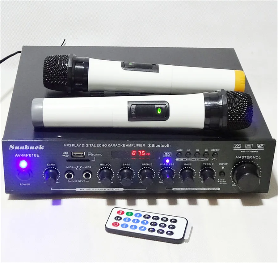 

HiFi 2.0-channel 300W built-in Bluetooth karaoke home theater amplifier(Give 2 wireless microphones)