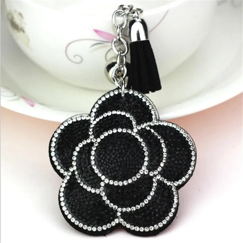 Valentine's Day Flower Keychain Tassel Leather Crystal Trinket Key Chain For Holder Purse Car Bag Pendant Handbag Ring Keychains