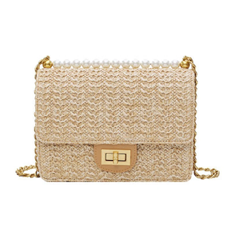 

Fashion Rattan Bag Leather Hardware Buckle Straw Bags Portable Bamboo Woven Bag Beach Holiday Bag