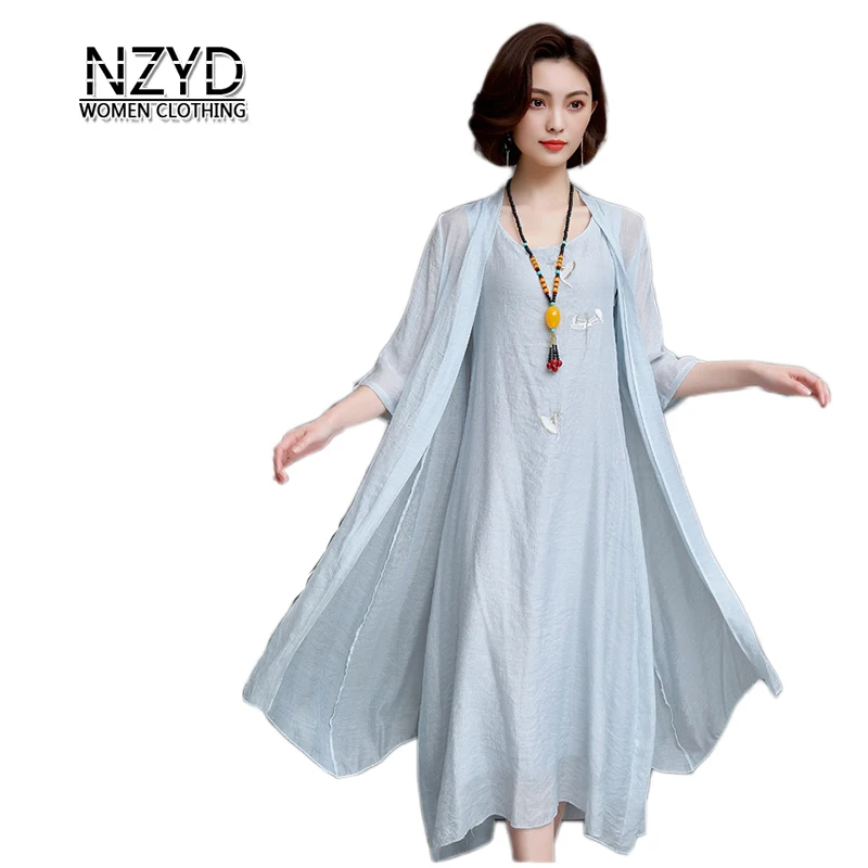

2019 Summer Dress Women Round Neck New Style Fashion Dress Loose Big yards Two-Piece Sets Printing Vintage Female Dress NZYD356