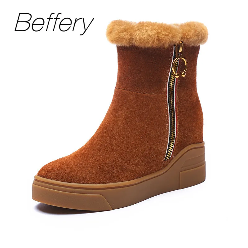 

Beffery Women's Winter Boots Fur Genuine Leather Round top Snow Boots Warm Plush Wedges platform Shoes Woman Suede Short Boots