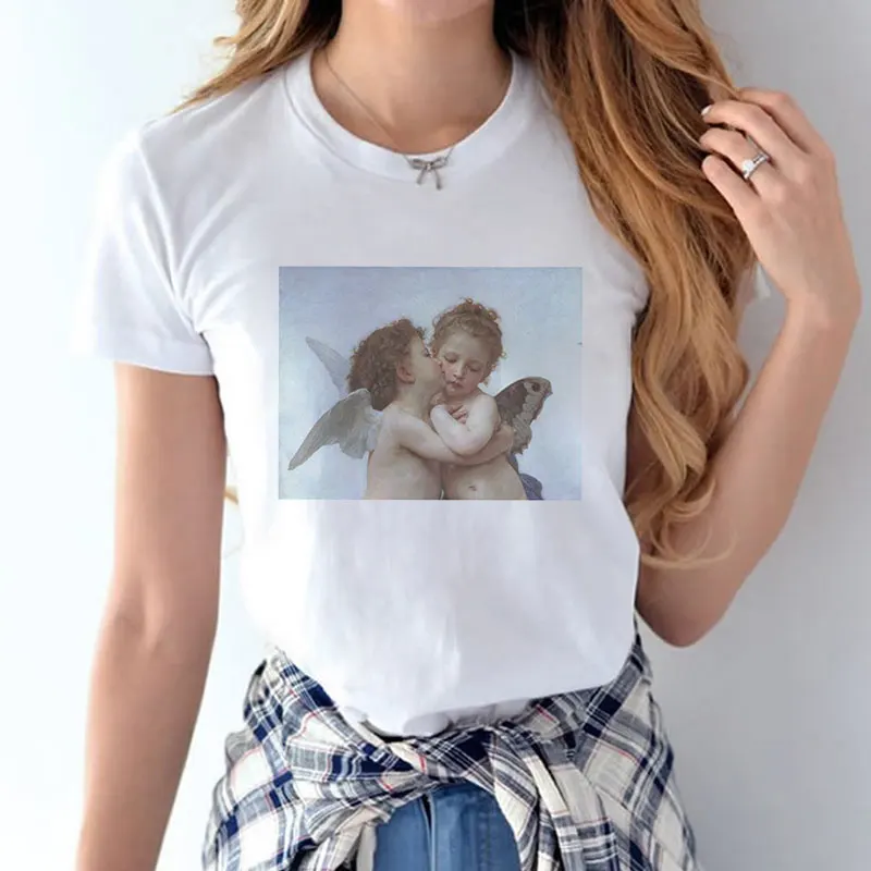 Ван Гог художественная живопись маслом винтажные Графические футболки для женщин микеланжело мода каваи Ангел Топы эстетическое Vogue Футболка короткий рукав - Цвет: 1224