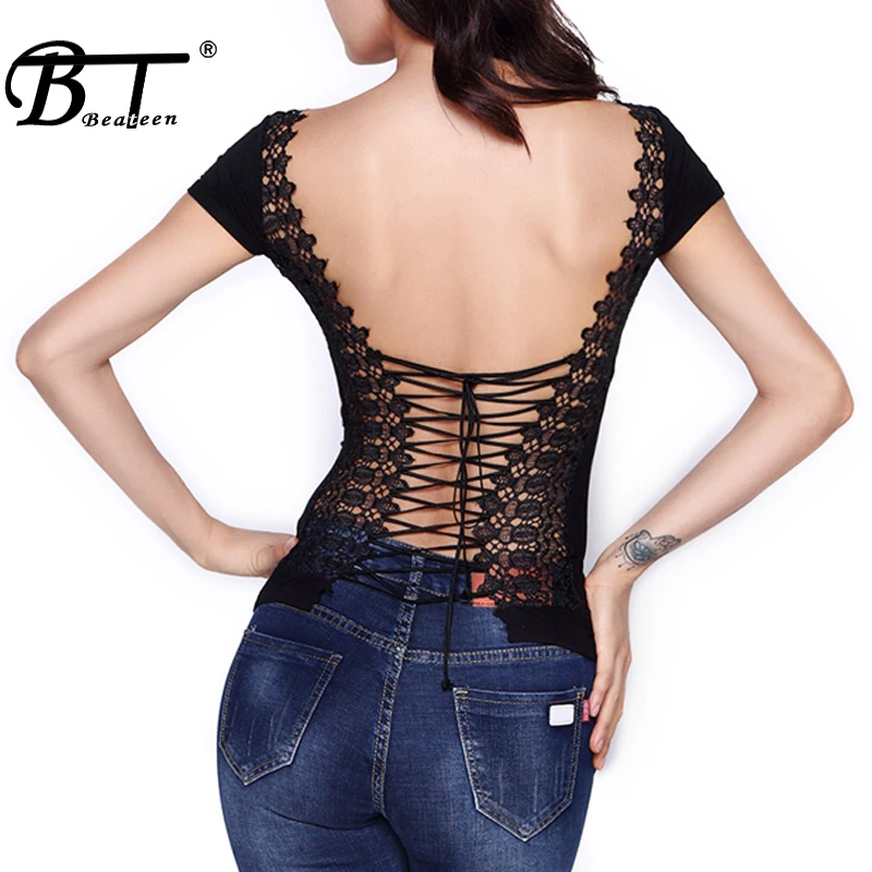 Download Beateen Women's Lace Up Backless Shirt Back Cross Tied Up ...