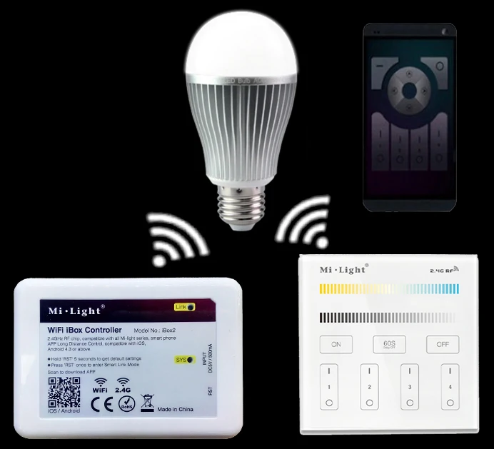 

Mi.light E27 9W Color Temperature Led Bulb Lamp AC85-265V+WIFI Ibox2 Led Controller With APP+2.4G B2/T2 Remote Controller