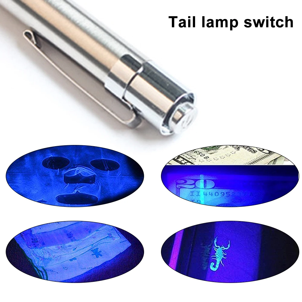 365nm Mini UV Led Flashlight Torch Pen Light Stainless Steel Ultraviolet Lamps Waterproof Detectorlamp for AAA Battery
