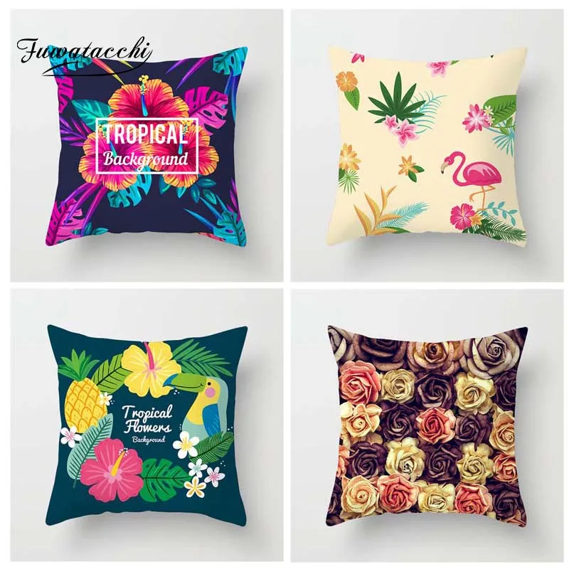 

Fuwatacchi Tropical Plant Printed Cushion Cover Rose Palm Tree Pillow Cover Flamingo hawaii Decorative Pillowcase for Home Sofa