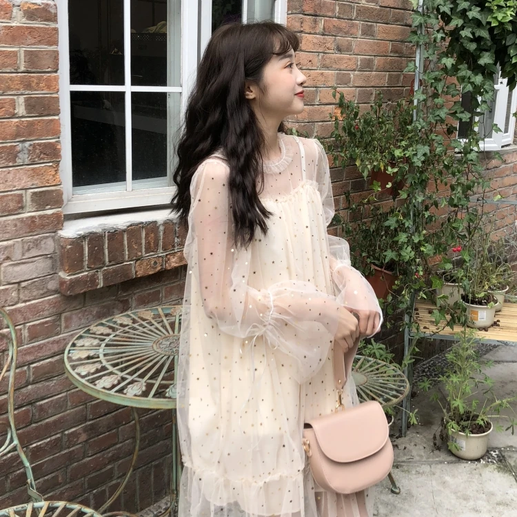 

Sweet Lady Mesh Tulle Dress High Waist Flare Sleeve Baby Doll Fair Dress Short Sequins Robe Femme Vestido Mujer Vestiti Donna