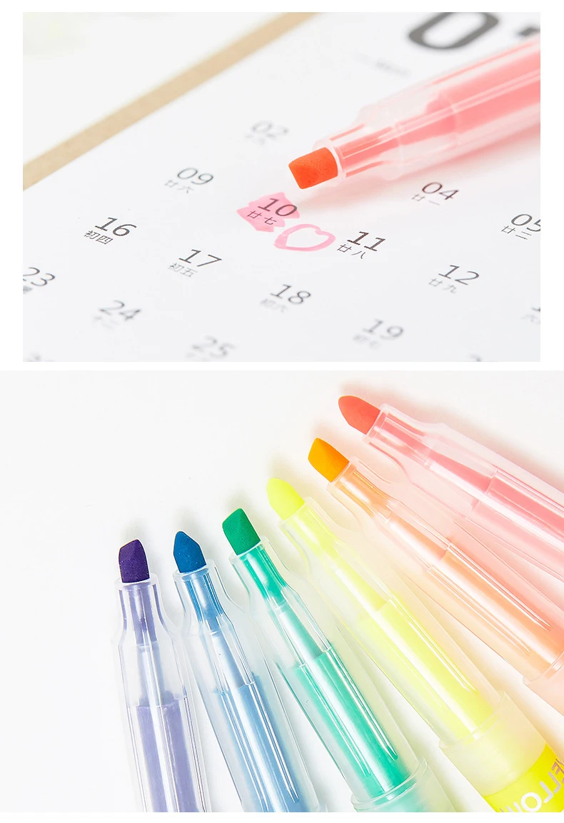 12pcs/set Highlighter Pen Pink Blue Green Yellow Orange Purple Large Capacity Ink Colored Marker Pens School Office Supplies