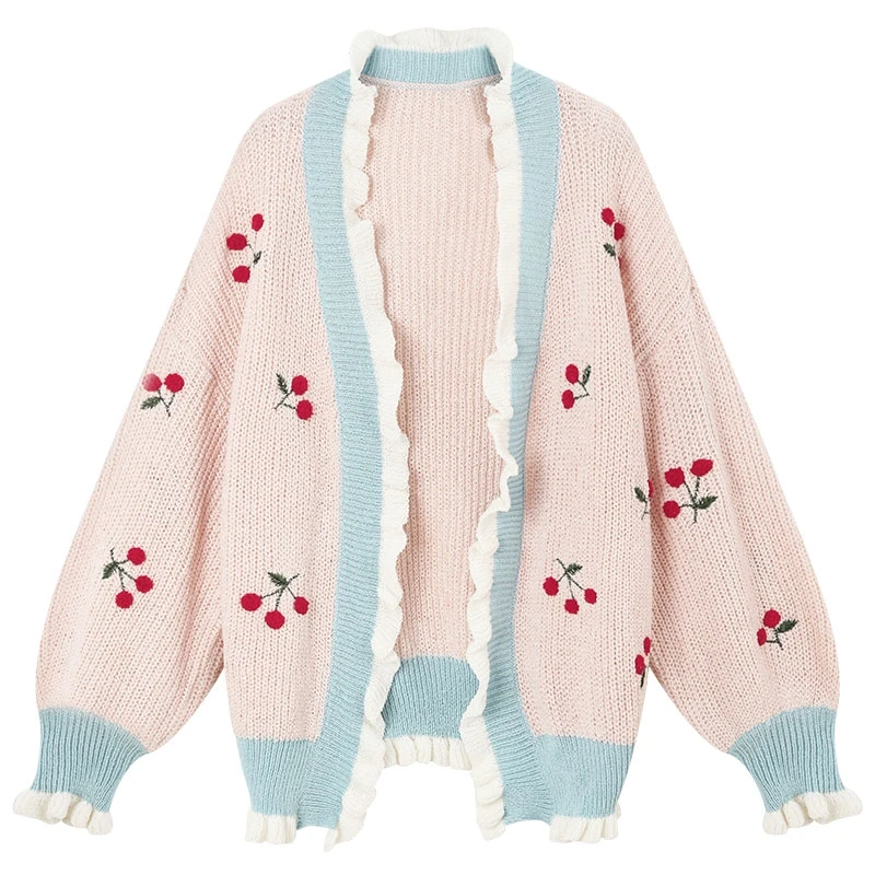 

Womens Autumn Thin Sweater Cardigans Plus Size Sweet Starwberry Embroidery Kawaii Patchwork Sweater Knitted Wear Female Tops