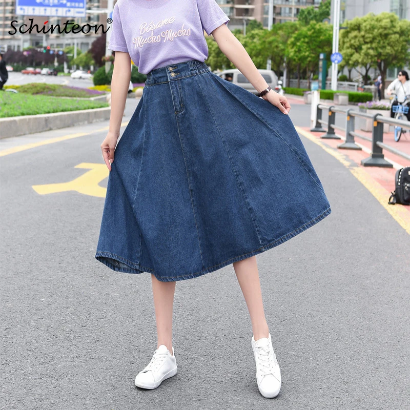 

Schinteon Women Denim A-Line Skirt Elastic Waist Summer Jeans Casual Long Skirt Plus Size High Wasit New Arrival