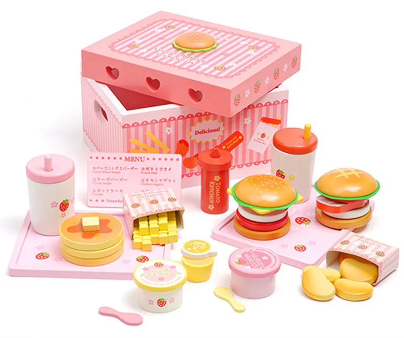 Baby Toys Mother Garden Strawberry Simulation Hamburger Box Wooden Toy Potato Chips/Cola Food