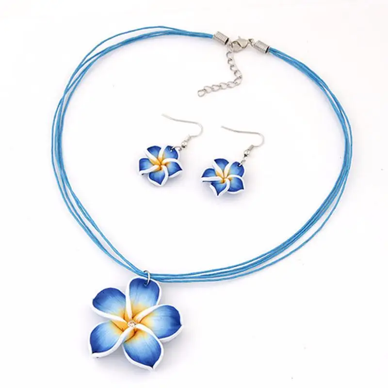 Women's sweet Plumeria Flowers Jewelry Sets Polymer Clay Fimo Earrings Pendant Necklace 1