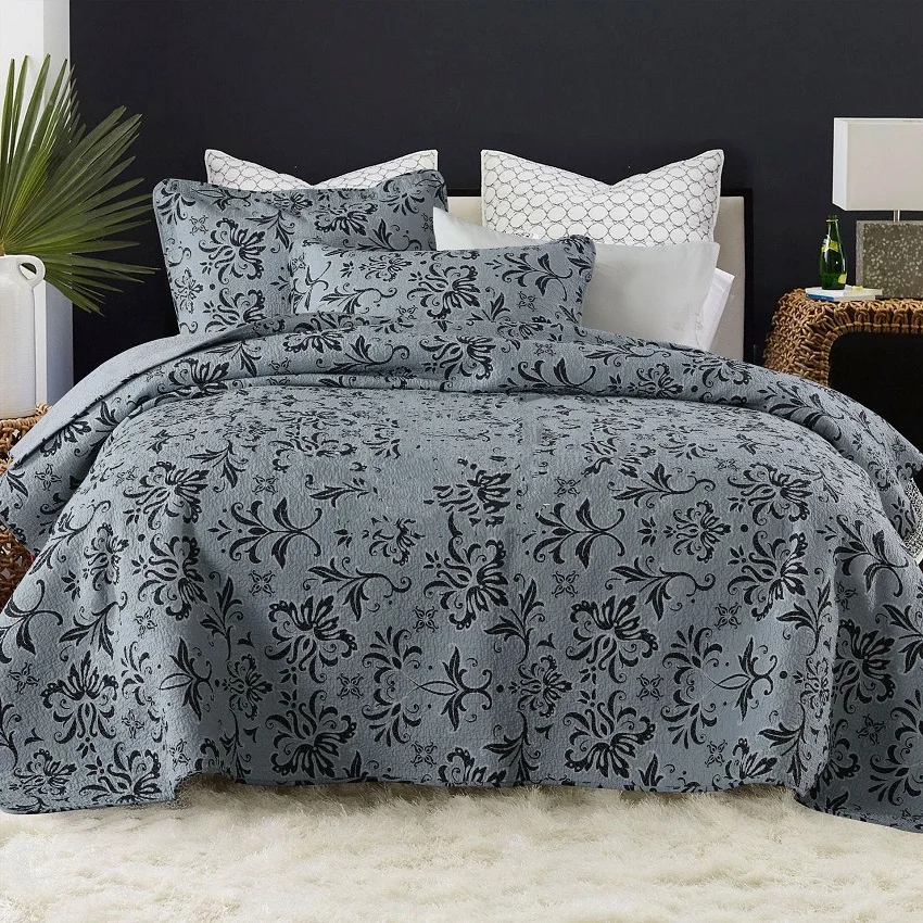 

CHAUSUB Bedspread Cotton Quilt Set 3PCS Vintage Printed Quilts Quilted Coverlet Bed Cover Pillowcase King Queen Size Gray Color