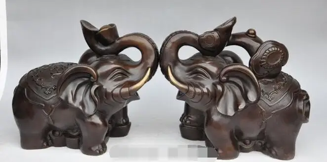 

S04031 11"chinese fengshui bronze wealth money yuanbao ruyi animal elephant statue pair B0403