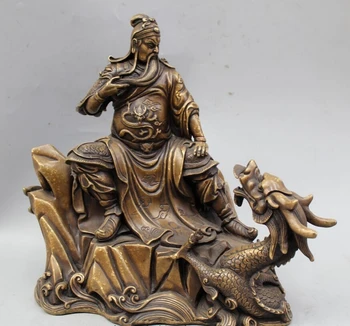 

xd 002177 12" Old China Pure Bronze Feng Shui Guan Gong Yu Warrior God Seat Dragon Statue