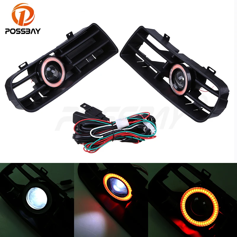 POSSBAY Fog Lights Assembly LED Red Angel Eyes Front Bumper Grilles
