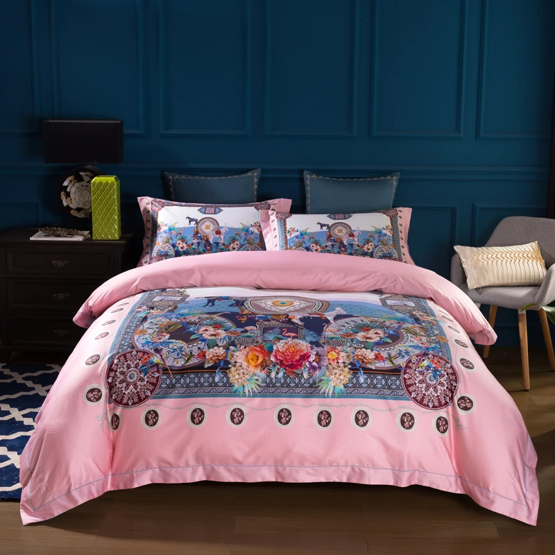 

Papa&Mima horses and flowers print Luxurious bedding set Egyptian cotton Queen King size duvet cover flat sheet pillowcases