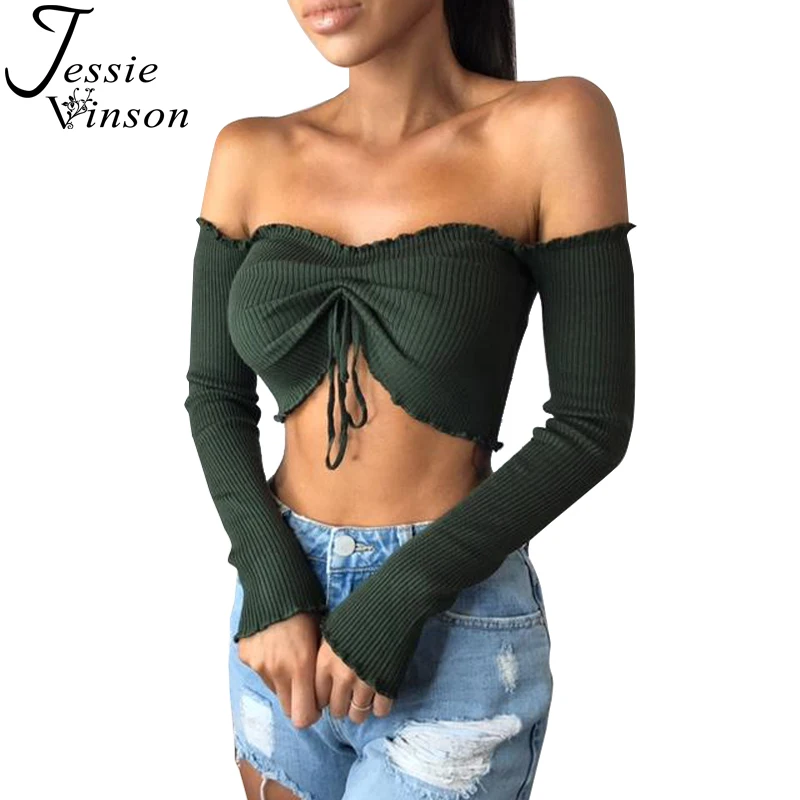 Jessie Vinson/Модный женский короткий топ с вырезом лодочкой и шнуровкой сексуальный в