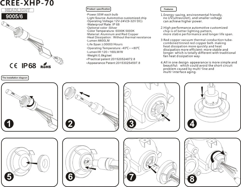 L7 P70 H7 H8/9/11 H4 HI/LO 9005 HB3 9006 HB4 комплект автомобильных светодиодных фар XHP70 чипы без