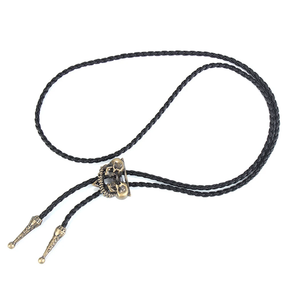 Western Cowboy American Skull Head Bolo Bola Tie Long Leather Necklace Men's Dancewear Accessories