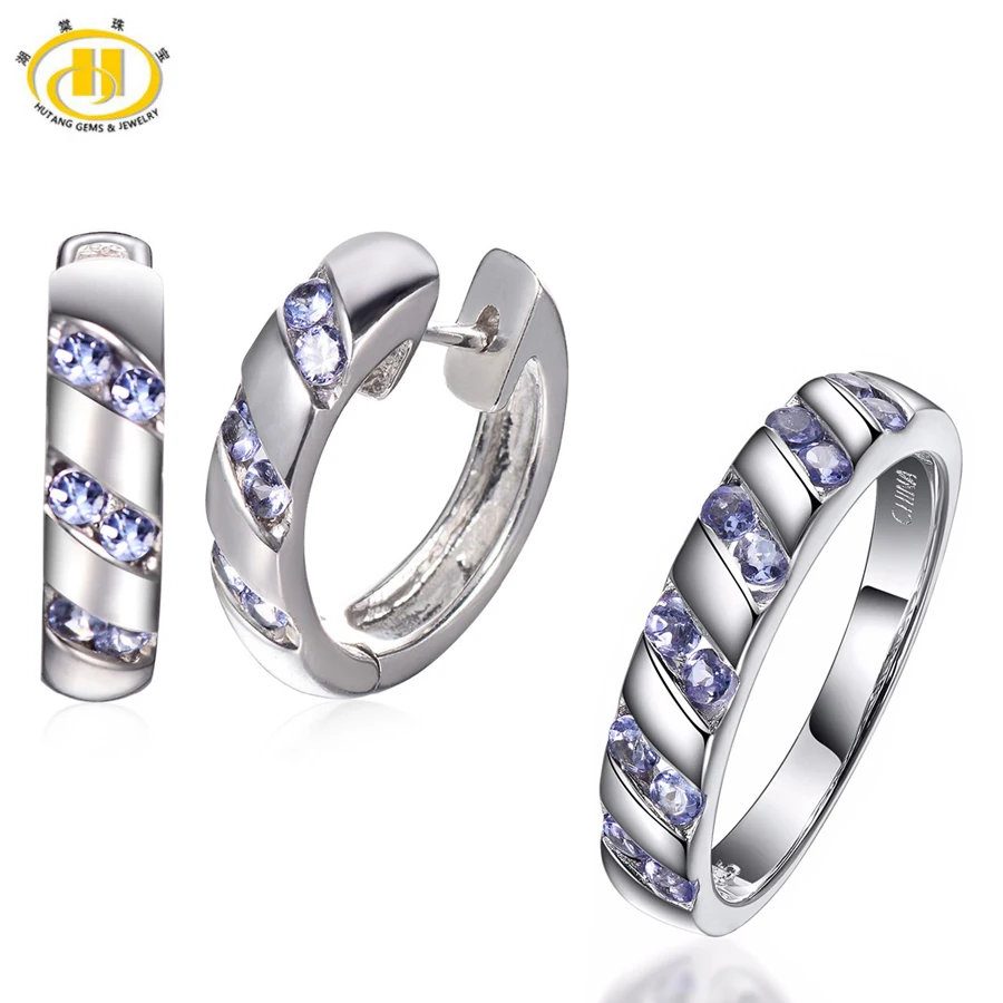

Hutang Diamond-Jewelry Sets Natural Tanzanite Solid 925 Sterling Silver Earrings & Ring for Women Fine Jewellery Wedding Gift