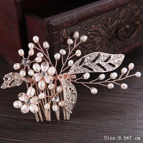 Bridal Pearl Hair Comb Wedding Accessories Rhinestone Flower Wedding Hair Comb Jewelry Wedding Hair Ornaments Bridal Headdress FS138 Rose Gold