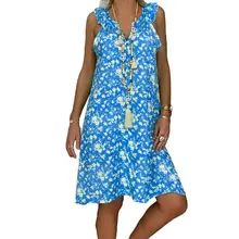 Women Plus Size Floral Print Sleeveless V Neck Sundress Holiday Beach Loose Dress trendy scoop neck sleeveless animal print plus size dress for women