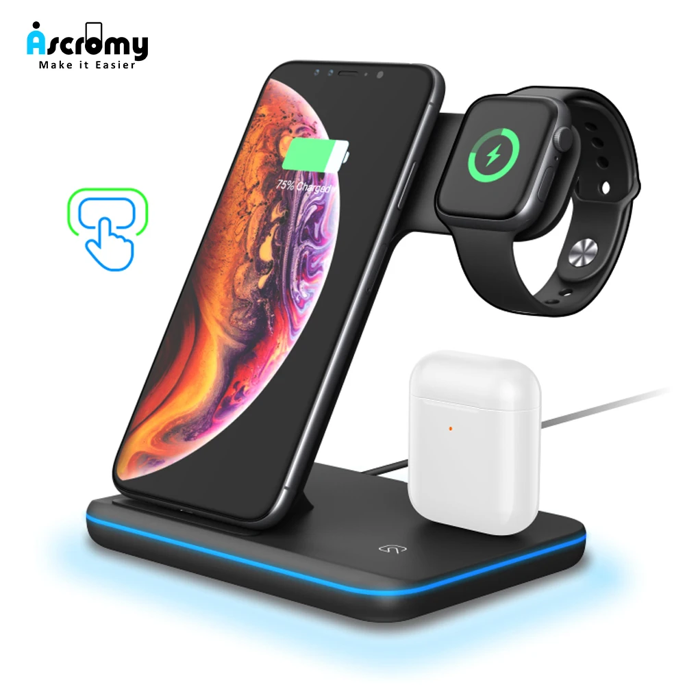 

Ascromy Qi 15W Wireless 3 in 1 Stand Station Charger For Apple Watch Series 4 3 2 Iphone XS MAX XR 8 Plus X 8+ Iwatch Airpods