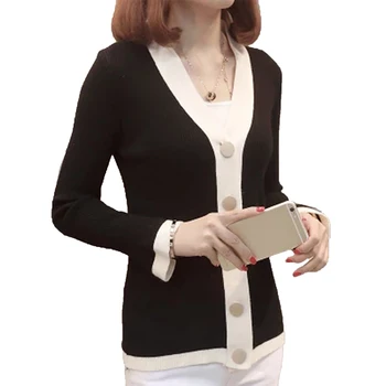 

2018 Spring Autumn Flare Sleeve V-Neck Knitted Sweater Cardigan Female Single Breasted Patchwork Slim Women Sweater Coat F609