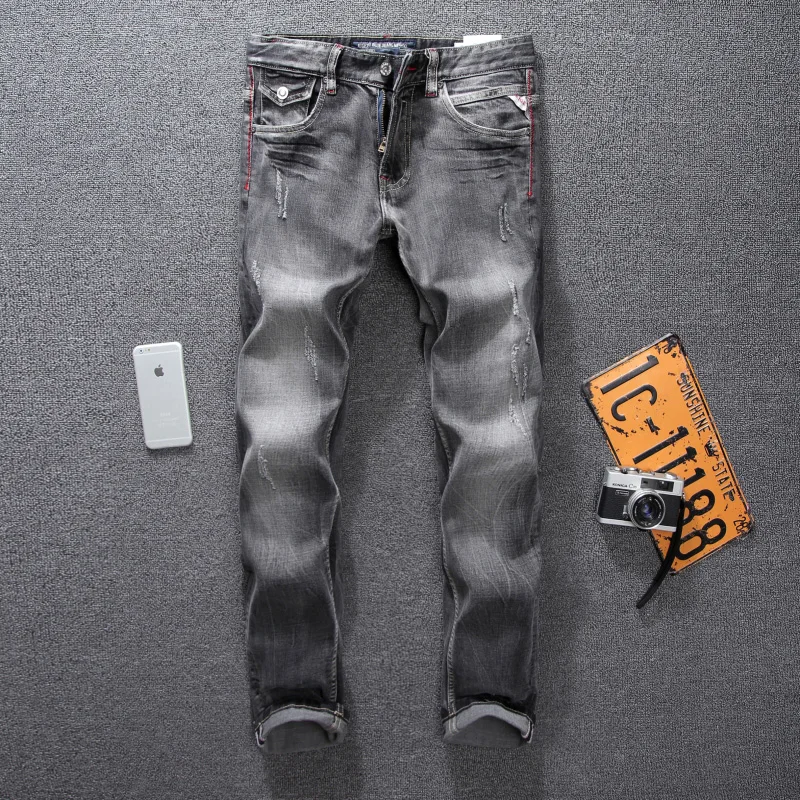 Italian Style Fashion Mens Jeans High Quality Black Gray Slim Fit