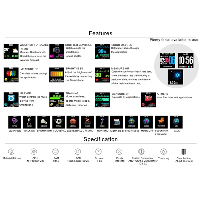 YUEDAER New V11 Smart Watch Health Blood Pressure Heart Rate Activity Tracker IP67 Waterproof 1.3\ YUEDAER New V11 Smart Watch Health Blood Pressure Heart Rate Activity Tracker IP67 Waterproof 1.3\