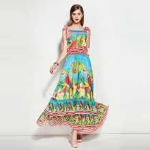 

2017 Summer Beach Casual Newest Spaghetti Strrap Slash Neck Parrot Colorful Print Silm Mid-Calf Expansion Long Dress Women