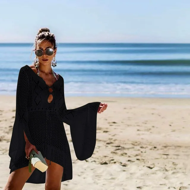 Летнее пляжное платье туника Ups пляжная одежда женский купальник крючком пляжные саронги белый черный зеленый купальники Saida De Praia - Цвет: Черный