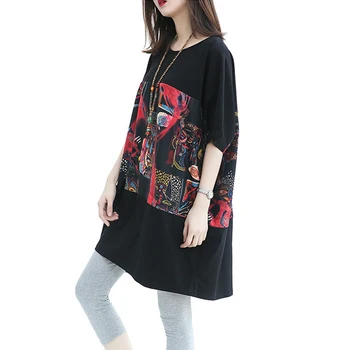 

Women Plus Size T-Shirt Cotton Summer O-Neck Pattern Batwing Sleeve Print Patchwork Female Casual Oversize Loose T-Shirt LP215