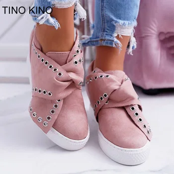 

TINO KINO Women Metal Knot Wedge Autumn Ankle Boots Slip On Height Increase Platform Lady Fashion Casual Shoes Female Plus Size