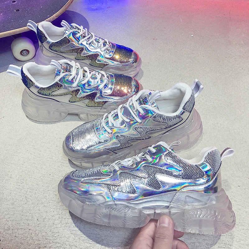 

Old shoes female 2019 summer new thick transparent jelly bottom mesh breathable lace casual shoes sneakers