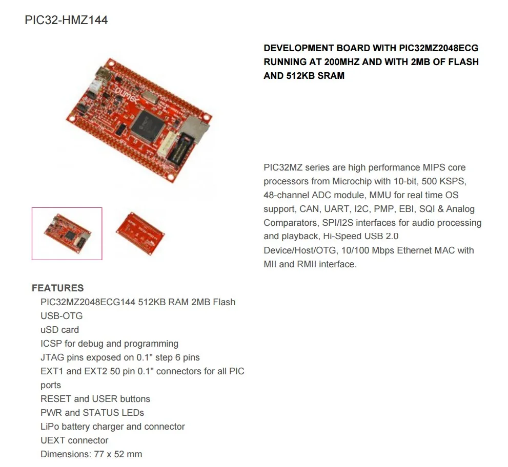 1 шт. х PIC32-HMZ144 макетная плата с PIC32MZ2048ECG работает на частоте 200 МГц и с 2 Мб флэш-памяти и 512кб SRAM PIC32 HMZ144