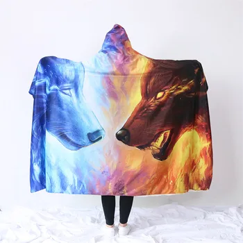 JoJoesArt Hooded Blanket 3d Wolves for Adults Ice Fire Sherpa Fleece Wearable Throw Blanket Microfiber 150x200cm Blue Wolf 1