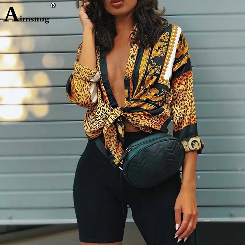 

Leopard Blouse Women Elegant Party Loose Button Tops Turn-down Collar Lady Spring Autumn Casual New Long Sleeve Blouse