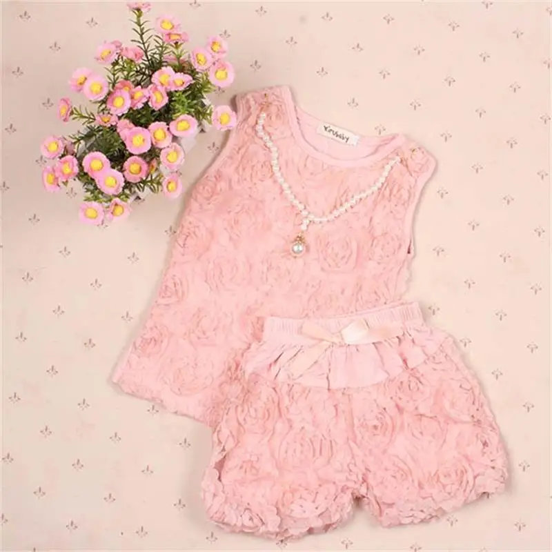 

2017 2 Pcs Set Summer Pink Kid Infant Girls Clothes Rose Blouse Tops Bowknot T-Shirt+Short Pants Clothes Outfits
