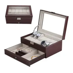 12 Сетки чёрный; коричневый Слоты Professional часы коробка для хранения двухслойные PU кожаный чехол для часов Организатор Box держатель