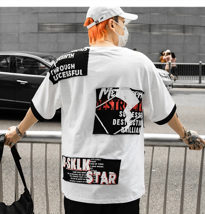 AELFRIC Мода хип-хоп цветная футболка Harajuku Лоскутная футболка Мужская Уличная Летняя Повседневная Хлопковая мужская футболка