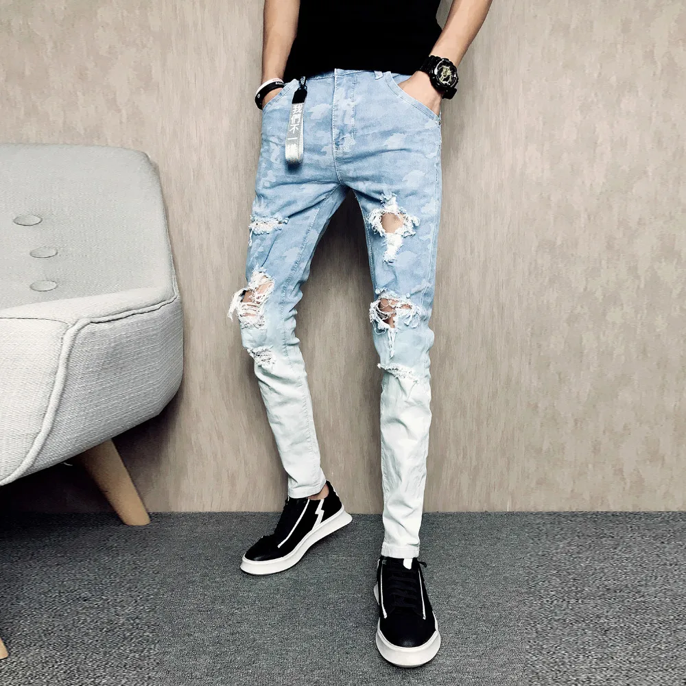 Summer Jeans Men Fashion 2019 Slim Fit Gradient Color Ripped Men Jeans Hole Design Casual Print Denim Pants Men Trousers 32-28