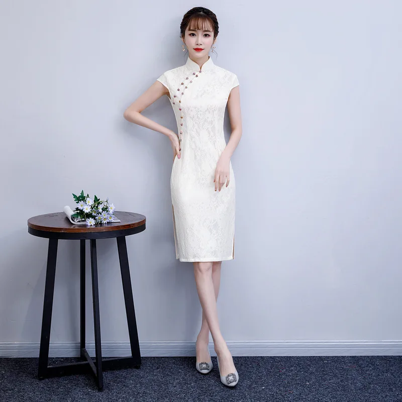 Плюс размер 3XL Новинка Кружева Cheongsam Сексуальные короткие тонкие Qipao летние китайские традиционные женские Платья с цветочным принтом Vestidos J-05