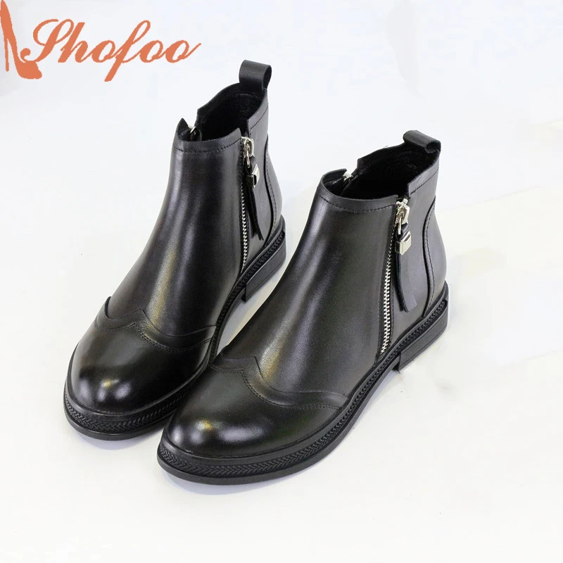 Shofoo Women's Handmade Black Genuine Leather Flat Heel Shoes Waterproof Sexy Ankle Boots For Woman Botas Brancas Plus Size