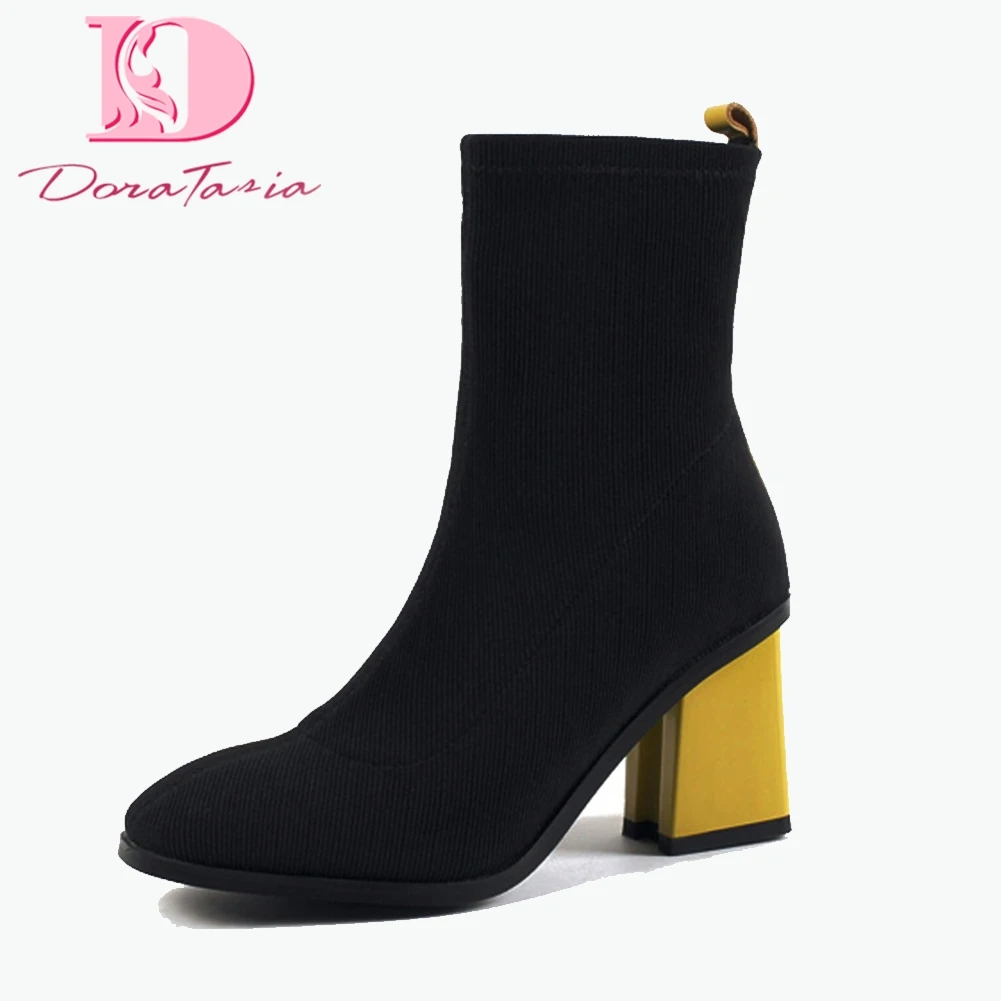 

Doratasia brand new Winter Fashion Sock Boots Women High Heels Lady Ankle Boots Women Stretch Boots plus size 43 woman shoes
