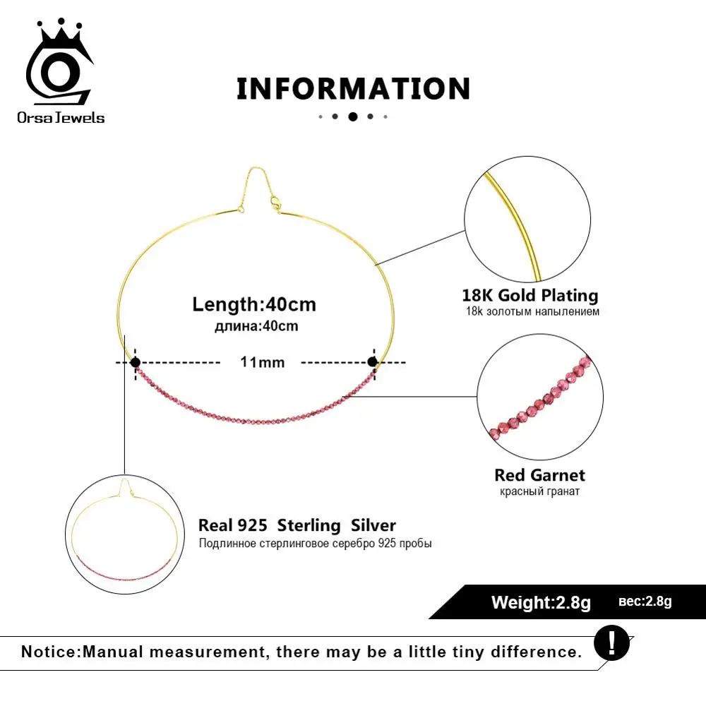 ORSA JEWELS, модное женское колье-чокер, 925 пробы, серебряное, красное, Гранатовое ожерелье с камнем, 18K позолоченное чокер, ювелирное изделие, OSN158