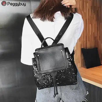 

New Women Sequins Backpack Leather Casual Bag Girls Small Travel Princess Bling Backpacks