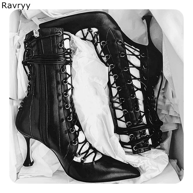 

Summer fashion lace up Woman sandals cut outs short black sandal boots cross tied Sexy Pumps thin heel female party dress shoes